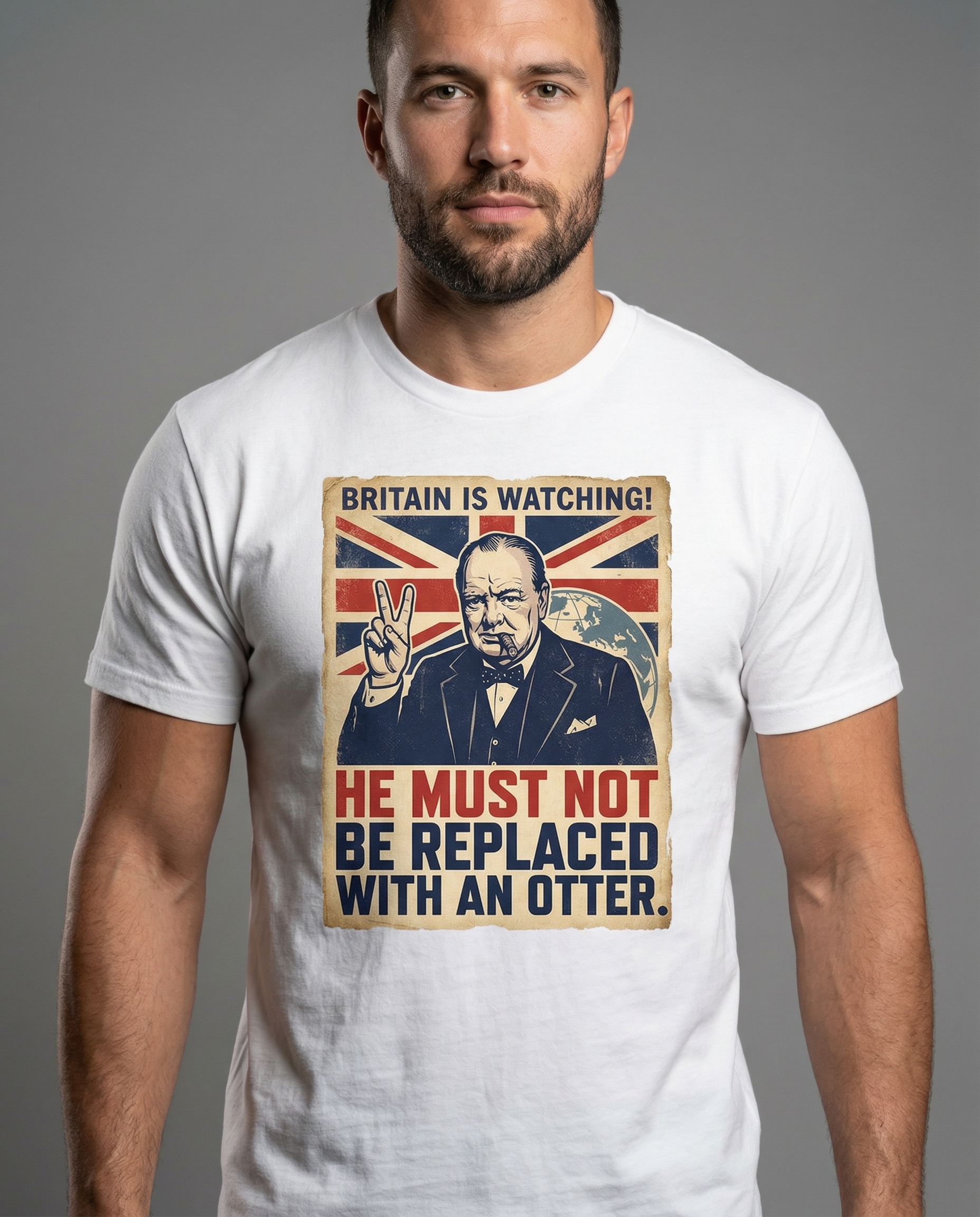 BRITAIN IS WATCHING shown on a male model