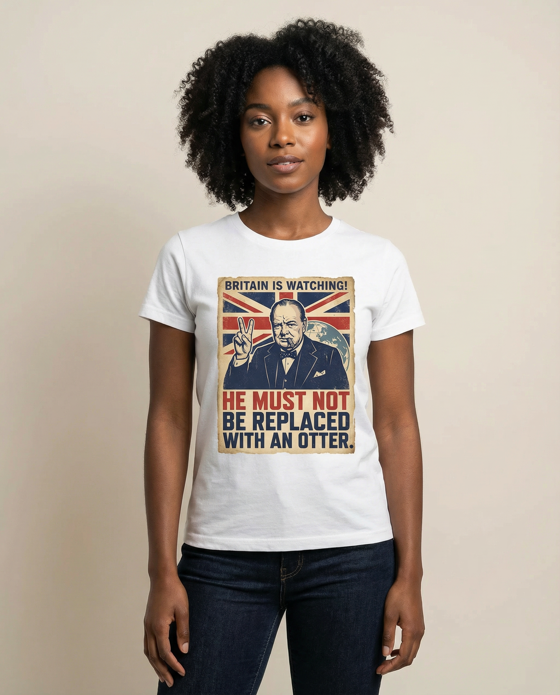 BRITAIN IS WATCHING shown on a female model