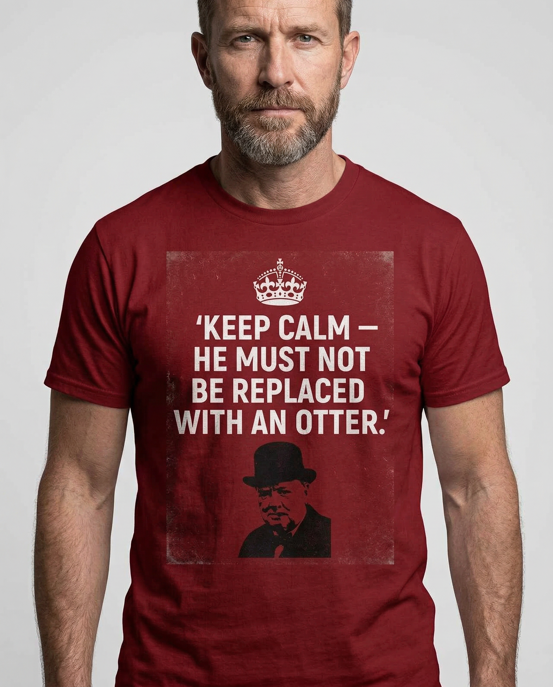 KEEP CALM OTTER shirt shown on a male model