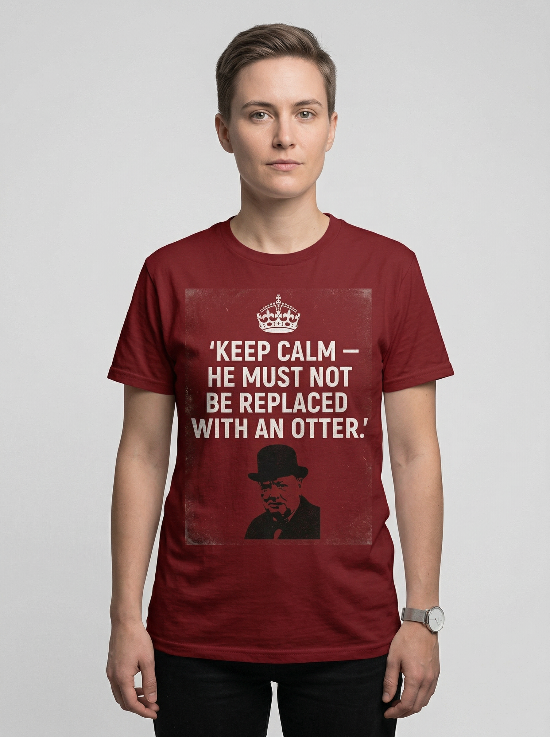 KEEP CALM OTTER shirt shown on an androgynous model