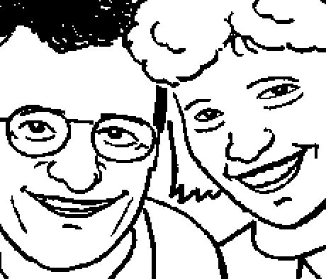 A small, pixelated black-and-white raster drawing of faces